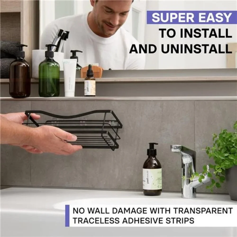 Shower Shelves 2-Pack -Self Adhesive Caddy with 4 Hooks -No Drill Large Capacity